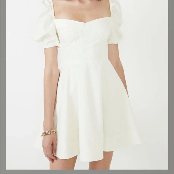 bardot white corset dress Bardot Allington broderie corset puff sleeve tie collar detail mini dress in white